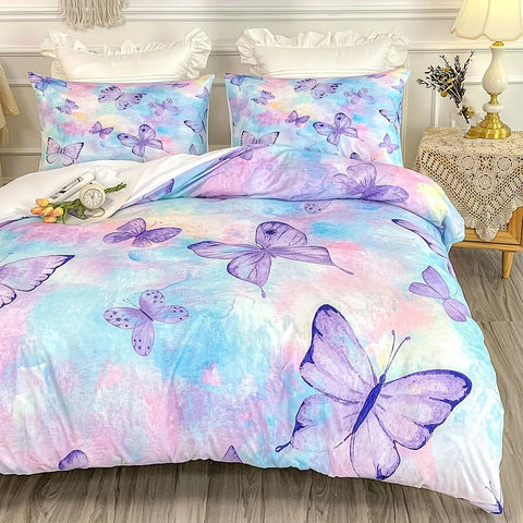 Sonicelife 3-Piece Vibrant Rainbow Butterfly Duvet Cover Set - Soft, Cozy Girls' Bedding with 1 Duvet Cover and 2 Pillowcases - Ideal Room