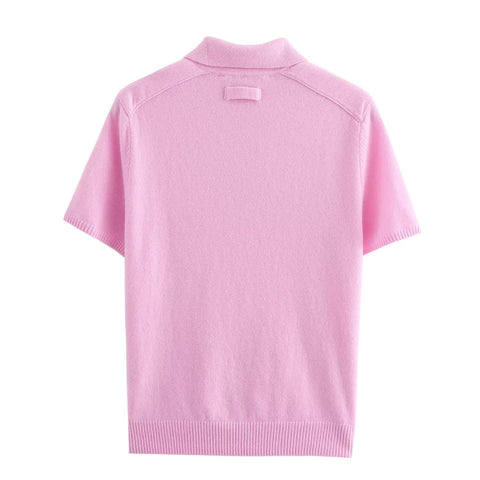 Sonicelife Women's Short Sleeve Sweater Pink Knit Top Polo Collar Basic Commuter Temperament Casual Pullover New Pink