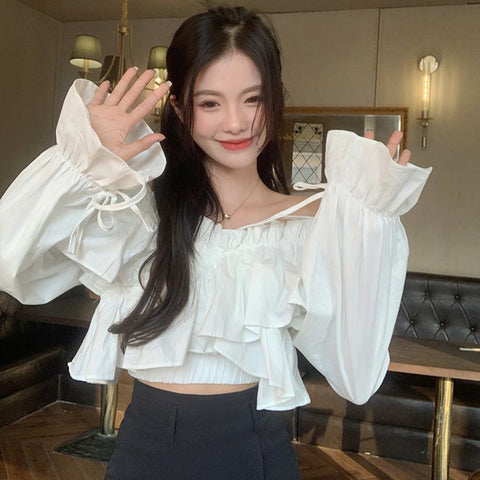 Sonicelife Sexy Off Shoulder Sweet Blouse Women Korean Fashion Ruffles Elegant Cropped Shirt Fall Lace Up Design Lady Chic White Tops
