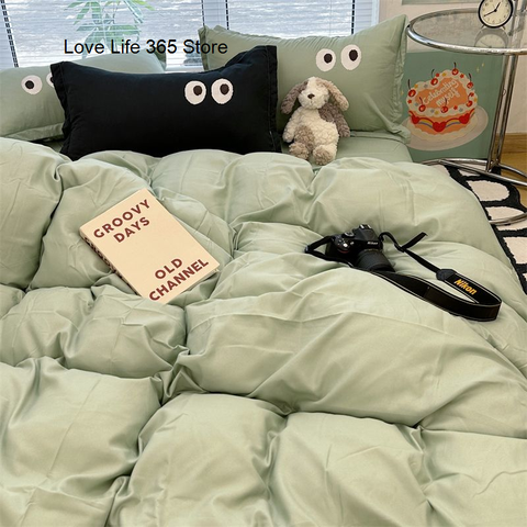 Sonicelife Ins Purple Black Big Eye Solid Color Bedding Set Girls Boys Double Size Flat Sheet Duvet Cover Pillowcase Bed Linen Home Textile