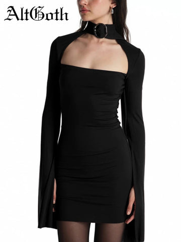 Sonicelife Streetwear Sexy Gothic Dress Women Harajuku Cyber Punk Y2k Metal Buckle Hollow Out Halter Long Sleeve Bodycon Dresses
