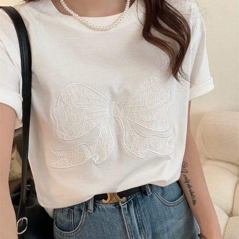 Sonicelife Embroidery Bow Oversized Short Sleeve Tee