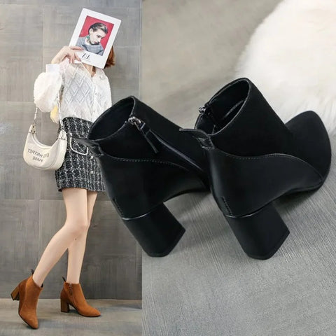 Sonicelife 2025  Autumn/Winter Women Ankle Boots Pointed Fashion Short  Suede Panel Side Zipper Thick Heels Women's Shoes Large 44
