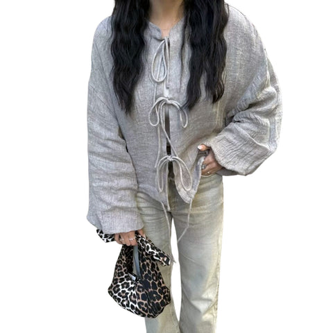 Sonicelife Chinese Style Open Front Tie Up Design Jacket for Women Round Neck Loose Casual Long Sleeved Top New