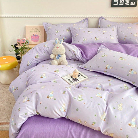 Sonicelife Cute Rabbit Bedding Set Ins Style Floral Duvet Cover No Filler Pillowcases Flat Sheet Single Full Size Girls Bed Linens