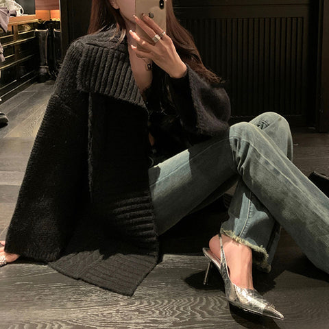 Sonicelife Lazy Wind Streetwear Cardigan Sweaters Women Retro Oversize Long Sleeve Casual Knitted Coat Harajuku Loose Fall Grey Tops