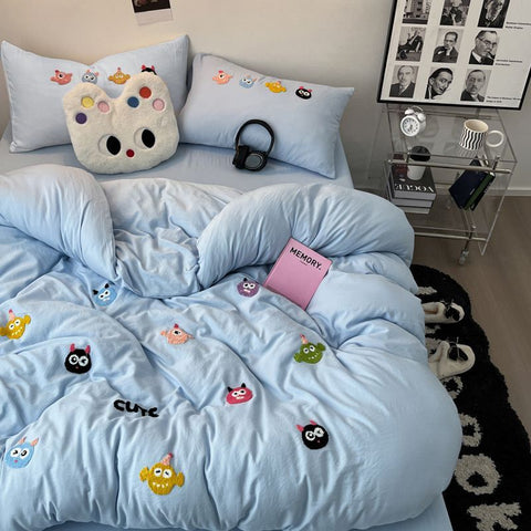 Sonicelife Korean Style Fresh Bedding Set Water Washed Cotton Cute Towel Embroidered Duvet Covers, Bed Sheets, Dormitory