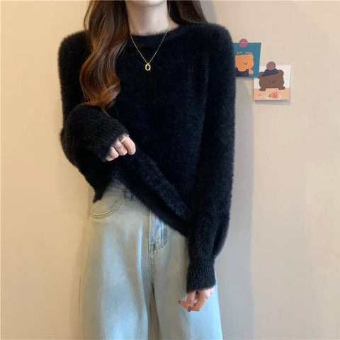 Black Friday Sonicelife Autumn Winter Knitted Sweater Women Fashion Korean Hairy Loose Long Sleeve All Match Pullover Sweaters Solid O Neck Warm Jumper