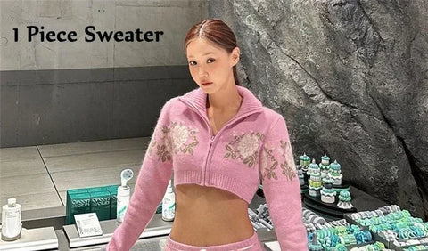 Sonicelife Korean Style Cute Women Pink Knitted Cardigans Floral Crochet Slim Cropped Sweaters Stand Collar Zipper Knit Jumper Knitwear New