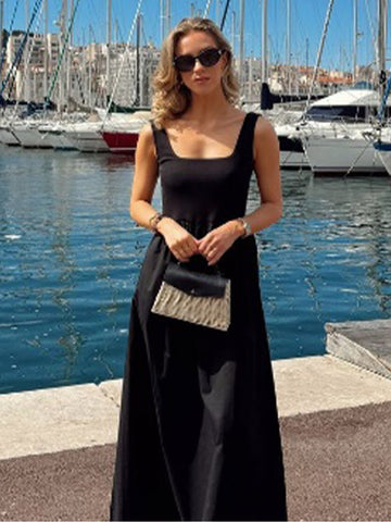 Sonicelife Elegant Square Neck High Waist Patchwork Dress Sexy Spliced Sleeveless Backless Long Dress 2025 Summer Lady Vocation Party Robes
