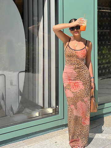 Sonicelife Summer Lady Leopard Print Long Dress Women Elegant Slim Fit U Neck Sleeveless Maxi Dresses New Spring Female Party Robes Gowns