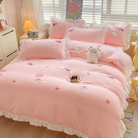 Sonicelife Kawaii Princess Bedding Set with White Ruffles Korean Style Girls Single Full Duvet Cover No Filling Flat Sheet Pillowcases Kit