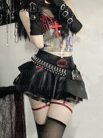 Sonicelife Emo Alt Gothic Pu Skirt Women Streetwear Harajuku Grunge Mesh Patchwork with Belt Mini Skirt Nightclub Sexy Rave Outfits