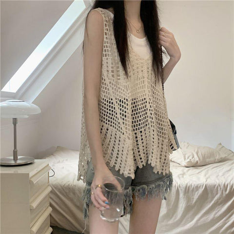 Sonicelife Summer Hollow Out Sleeveless Tanks Women Korean Fashion Chic Camisole Harajuku Casual Loose Knitted Vest Tops New