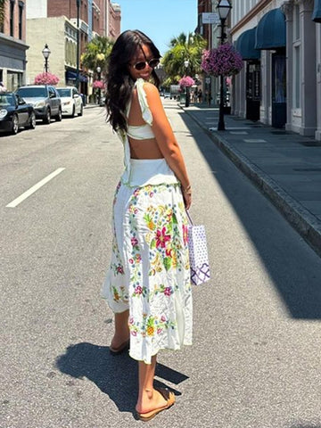 Sonicelife Fashion Print Lace Up Long Dress Women Square Collar Sleeveless Backless Hollow Out Female Dresses 2024 Summer Lady Holiday Robe