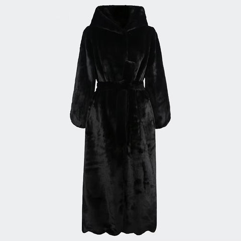 christmas outfit Sonicelife Autumn Winter Extra Long Thick Warm Black Soft Fluffy Faux Fur Coat Women with Hood Sashes Scallop Hem Maxi Furry Overcoat 2025