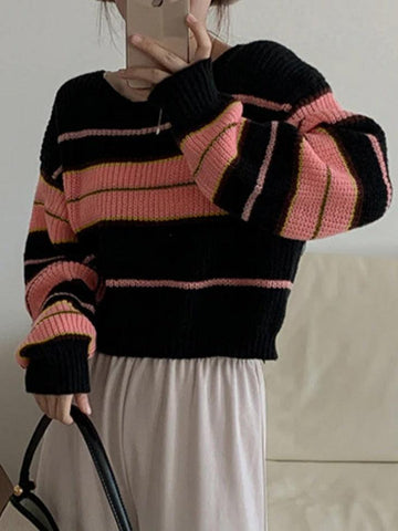 Sonicelife-Stripe Splice Short Sweater
