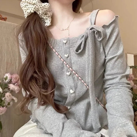 Sonicelife 2025 New  Fashion Sweet Off Shoulder Bow Lace Up Sweaters Slim Fit Tops Women Y2k Grunge Long Sleeve Cardigan Mujer