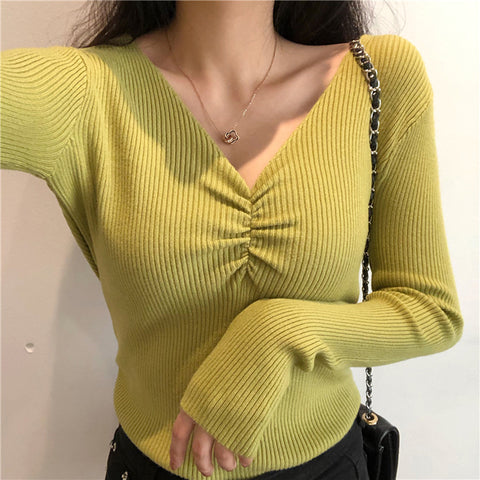 Sonicelife Sexy V Neck Women Sweater Autumn Knitted Pullover Jumper Chic Soft Korean Slim Long Sleeve Female Basic Top New