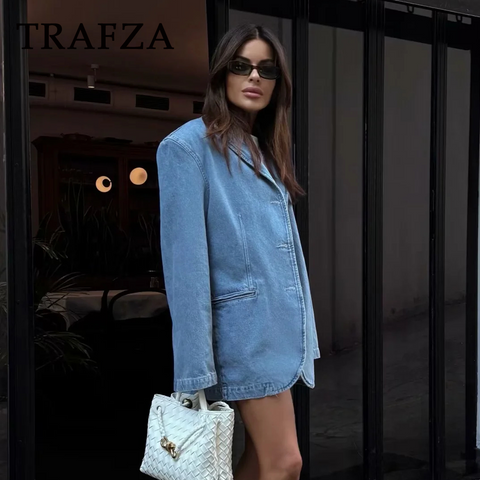 thanksgiving outfit Sonicelife 2024 Spring Summer Casual Women Denim Blazers Fashion Vintage Solid Shrug Loose Single Breasted Chic Ladies Blazers