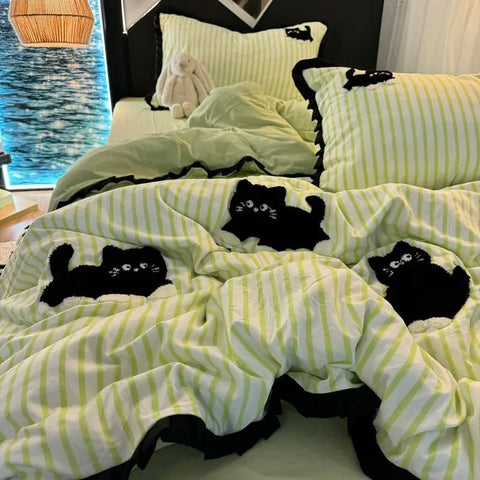 Sonicelife Korean Style Bedding Set Green Strip Black Cat Embroidery Washed Cotton  Duvet Cover Cute Cardboard  Bed linen Comforter Sets