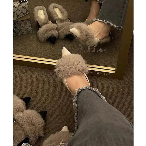 Sonicelife Women High Heel Shoes Fur Slippers Mules Pointed Toe Furry Slides Fashion Elegant Luxury Designer Flip Flops Office Pumps