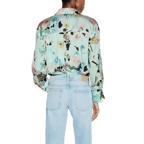 Sonicelife Women's Flower Printed Silk Shirt, Satin Fashion, Casual Long Sleeved, Single Breasted Top, New