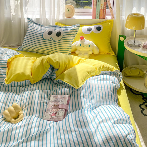 Sonicelife Big Eyes Bedding Set 2024 New Colorful Boys Girls Duvet Cover No Filler Pillowcase Flat Sheet Twin Queen Size Home Bedspread