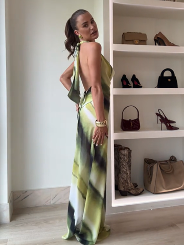 Sonicelife 2025 New Gradient Tie Dye Contrasting Halter Dress Women Open Back Sleeveless Maxi Robes Female High Street Party Long Dresses