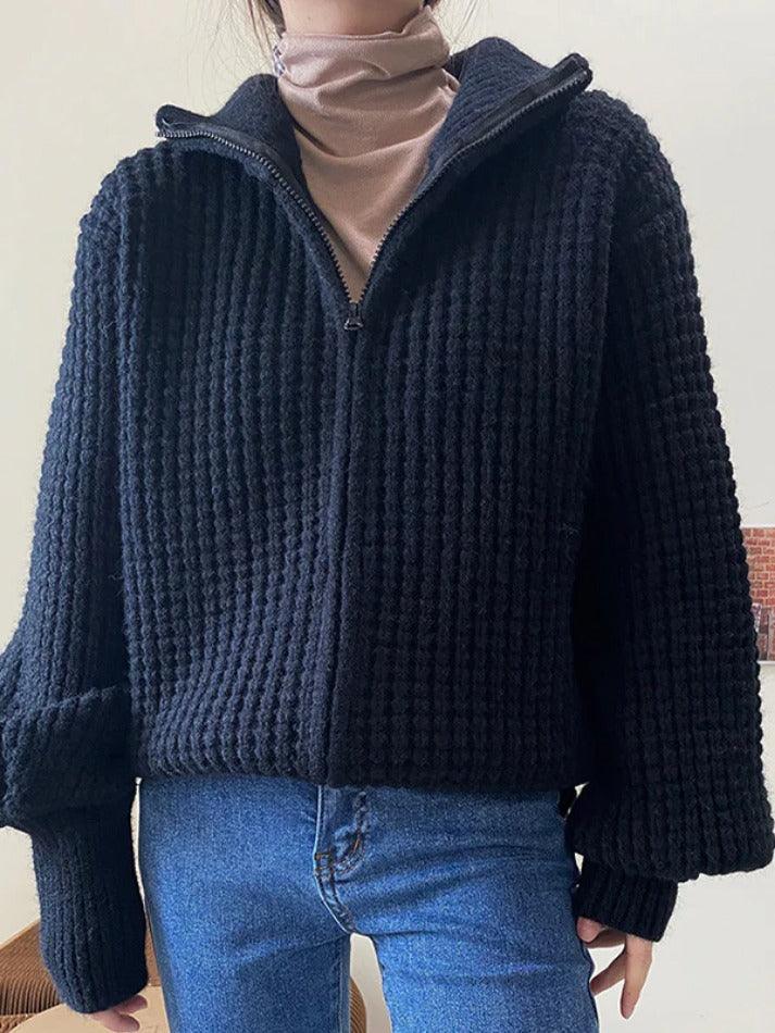Sonicelife-Solid Double Zip Turtleneck Sweater