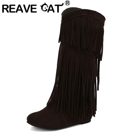 thanksgiving outfit Sonicelife Women Mid Calf Boots Round Toe Increased Heel Fringe Flock Suede 46 47 48 Slip On Fashion Dating Bota