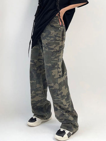 Sonicelife Camouflage Cargo Pants Women Y2K Streetwear Low Rise Jeans Retro Wide Leg Trousers Denim Straight Trousers Harajuku