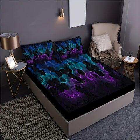 Sonicelife Fashion Cell Geometric Print Fitted Sheet Set Mattress Cover Bedding Soft Breathable Bedding Set with Deep Pocket for Bedroom