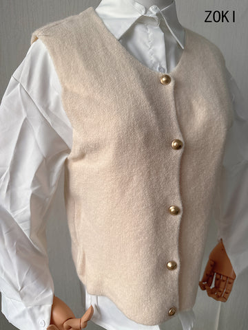 Sonicelife Gold Buttons Cardigan Vests Women Vintage Simple Sleeveless Gray Knitted Jackets Vest Fall Casual Lady Slim Harajuku Tops