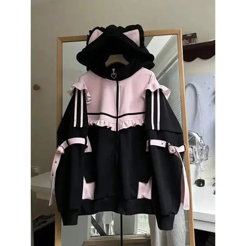 Sonicelife Japanese Sweet Coats Y2K Clothing Hoodie Women Tops Autumn and Winter Color Match Splicing with Thick Velvet Cardigan Jackets