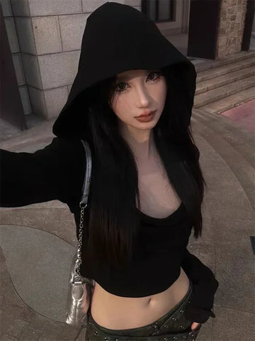 Sonicelife Gothic Black Tshirts for Women Y2k Crop Tops Shirts 2025 Summer Hooded Long Sleeve Tees Korean Fashion Casual Sexy T Shirt New