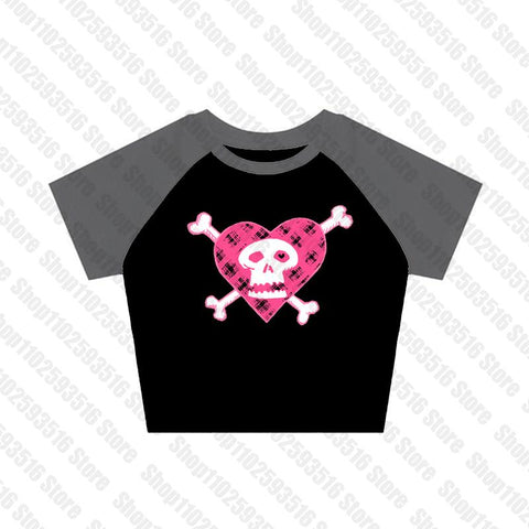 Sonicelife Y2K clothes skull graphic grunge baby tee Crop Top 2000s Streetwear Harajuku Goth Short Sleeve T-shirt Skeleton print clothes