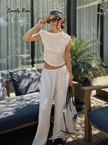 Sonicelife Elegant Asymmetric Fold Top Pant Sets Women Slim Sleeveless Slash Neck Tops Wide Leg Pants 2024 Summer Lady Casual 2 Pieces Set
