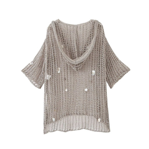 Sonicelife Women's Hooded Top with Metal Wire Knitted Bead Hollow Out Fashionable Sexy Casual, Versatile Short Sleeved Hoodie New