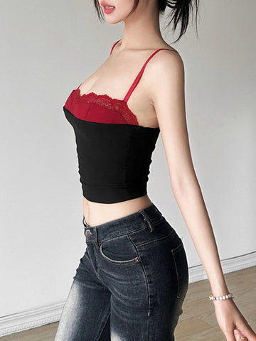 Sonicelife Gothic Dark Y2k Camis Women Streetwear Harajuku Grunge Emo Alternative Hotsweet Red Lace Patchwork Crop Tank Tops Female