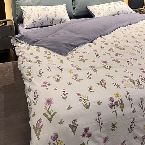 Sonicelife Ins Purple Flower Bedding Set Washed Cotton Bed Sheet Pillowcase Quilt Cover Simple Kids Adult Floral Duvet Cover No Filler