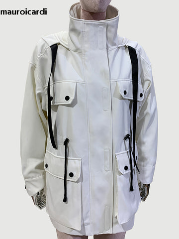 christmas outfit Sonicelife Spring Autumn Cool Windproof White Windbreaker Women with Drawstring Hood Many Pockets Zip Up Chic Cargo Jacket 2025