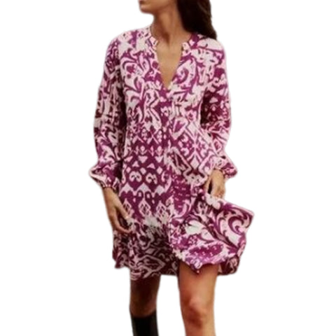 Sonicelife Women's Long Sleeve Single Breasted Mini Dress, Printed V-Neck, Slimming and Cute, Versatile, New
