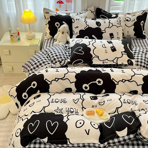 Sonicelife Kawaii Duvet Cover Bedding Set No filler Ins Style Cartoon Flat Sheet Pillowcase Single Full Bed Linen Girls Boys Home Deco 2024