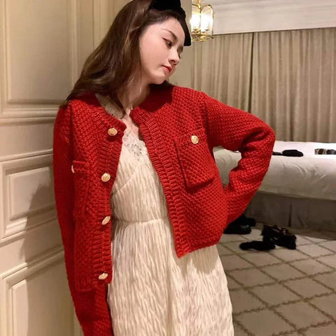 christmas outfit Sonicelife Knitted Cardigan French Vintage Gold Buttons Sweater Women Autumn Winter Luxury Short Straight Coat Knitwear Green Red