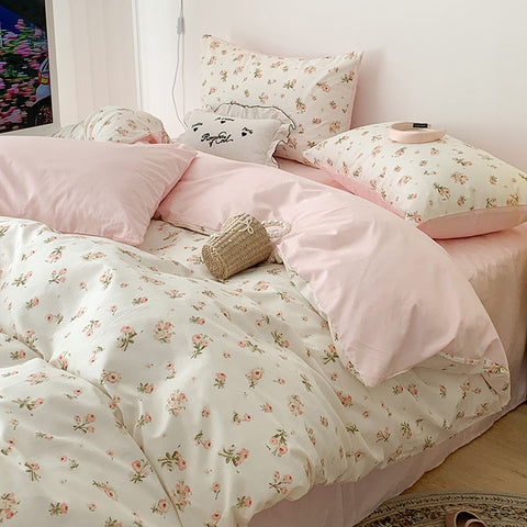 Sonicelife Pink Floral Bedding Set Soft Ins Single Double Queen Size Duvet Cover Flat Sheet Pillowcase Girls Home Totel Bed Linens