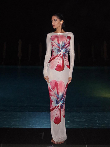 Sonicelife Elegant Printed Slim Fit Long Dress Fashion Round Neck Full Sleeve See Through Robes New Female Summer Party Club Vestidos 2025
