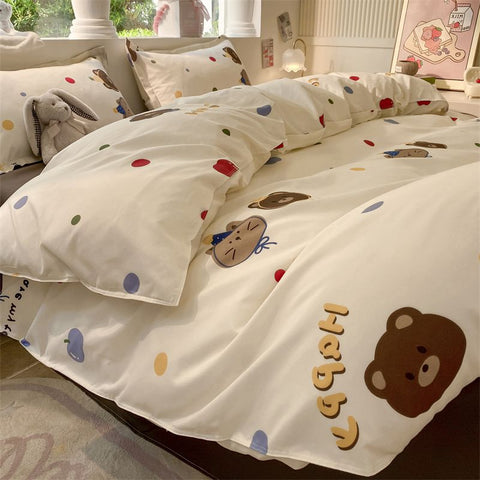 Sonicelife Kawaii Bear Bedding Set No Filler Ins Single Queen Size Duvet Cover Flat Sheet Pillowcase Kids Adult Boys Home Hotel Bed Linens