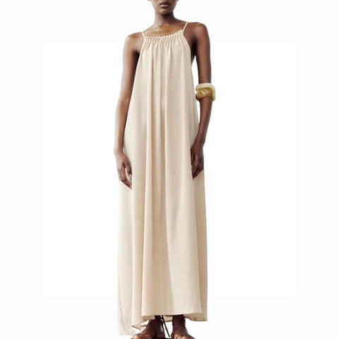 Sonicelife Women's Long Dress with Straight Neckline and Backless Design Beaded Embellishment Suspender New