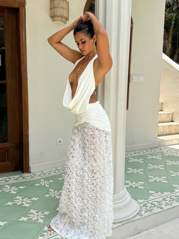 Sonicelife Sexy Deep V Neck Sleeveless Pleated Maxi Dress Fashion 3d Flower Backless Gown New Women's Summer Holiday Beach Vestidos 2025